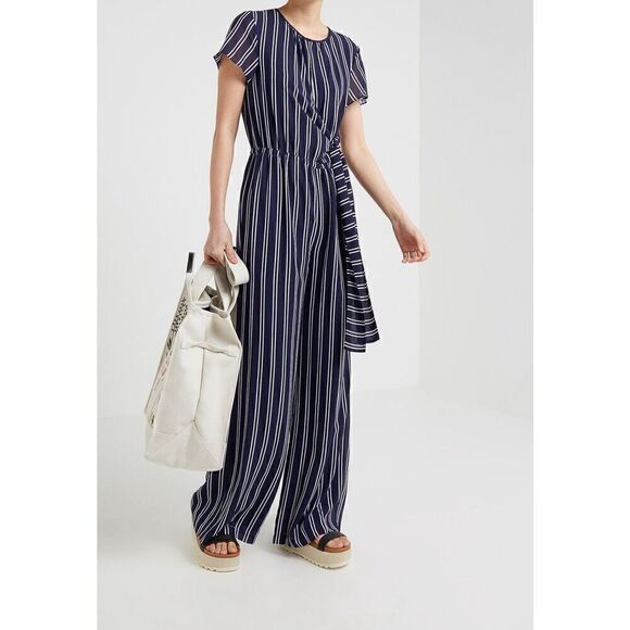 Michael by Michael Kors Women’s Size 10 Jumpsuit Navy Blue Striped Tie Waist - Picture 2 of 13